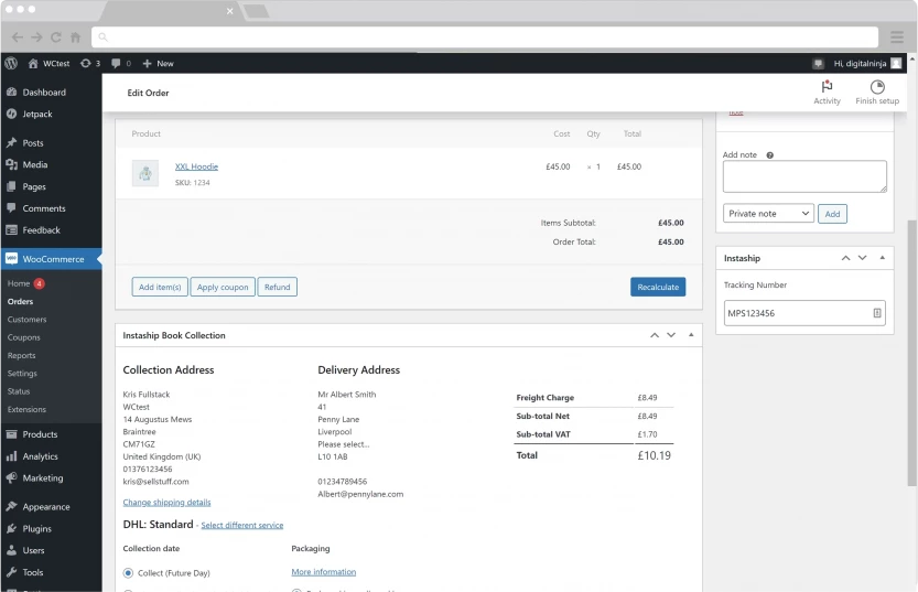 Screenshot of woocommerce with Instaship plugin running