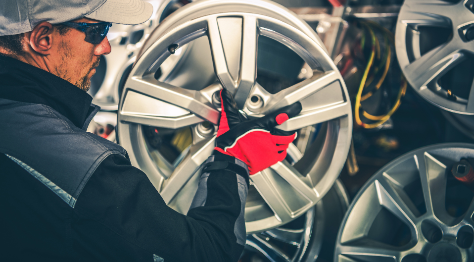 worker picking up an alloy wheel from a wall rack