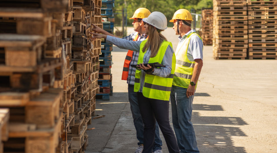 people in hard hats and high vis inspecting pallets