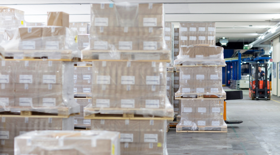 wrapped pallets in a warehouse