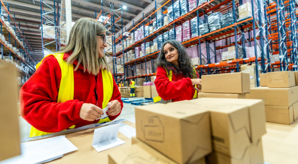 two warehouse workers packing and labelling boxes
